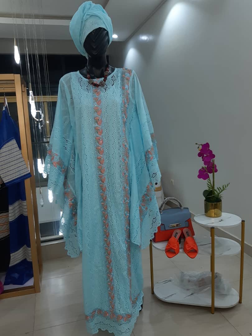Robe facon Boubou en Brodé coton bleu turquoise