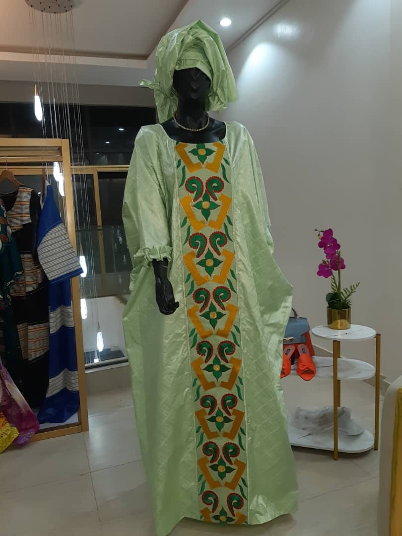 Faux Boubou broderie multicolor Getzner vert pomme